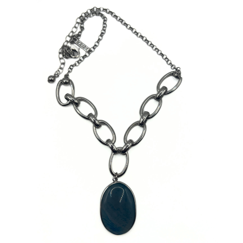 Vintage Gunmetal Oval Pendant Necklace