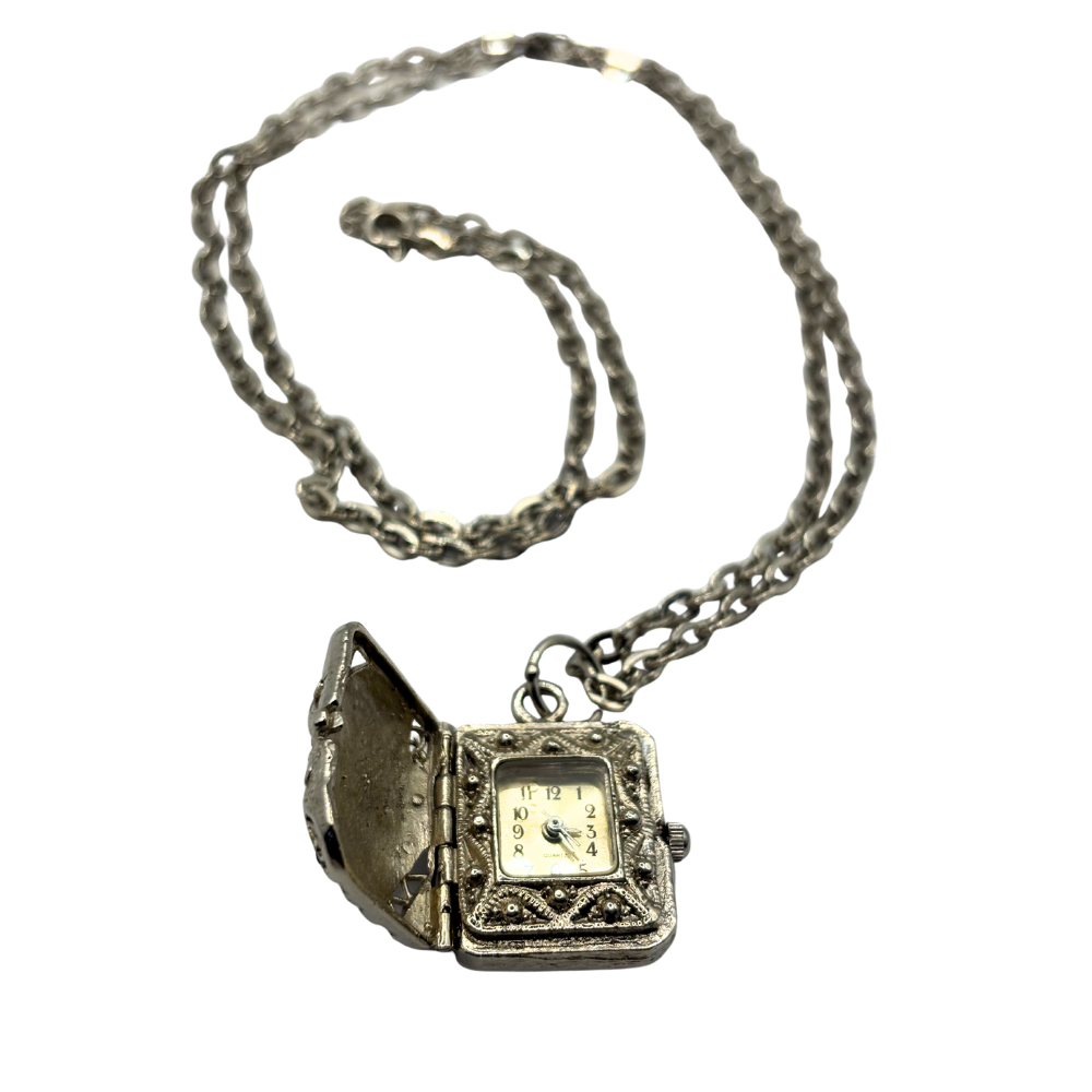 Silver Locket Pendant Watch Necklace