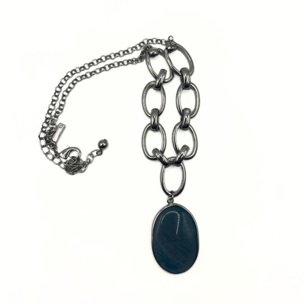 Vintage Gunmetal Oval Pendant Necklace