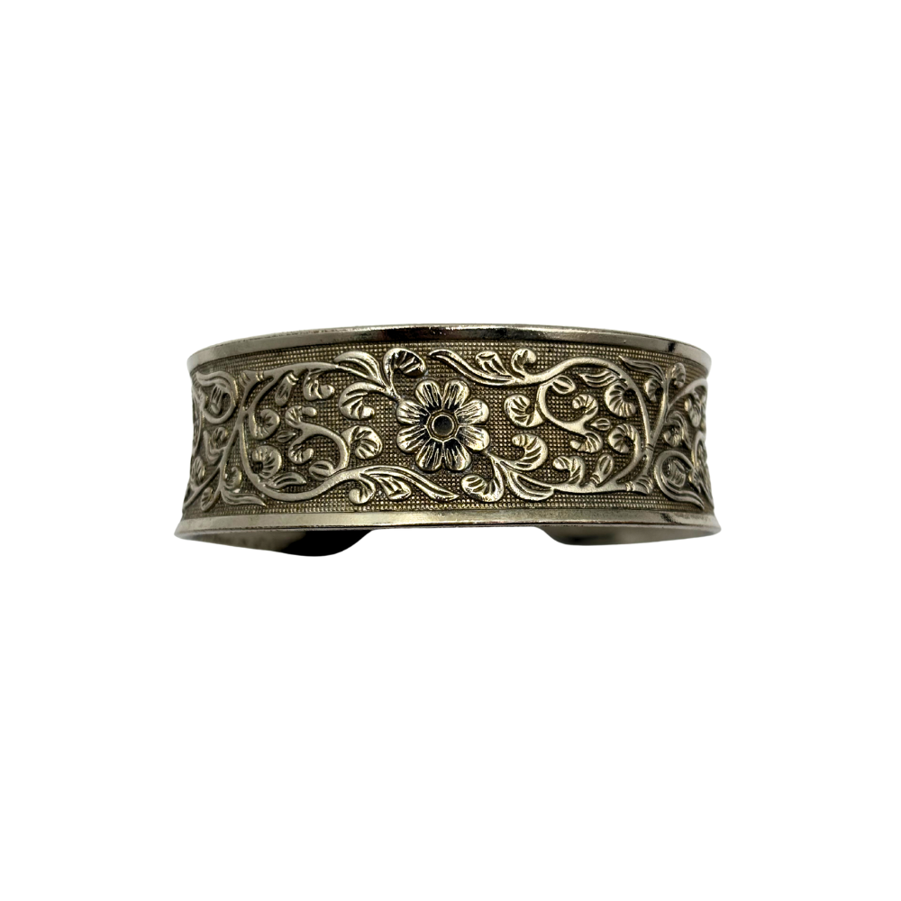 Silver Floral Etched Cuff Bracelet