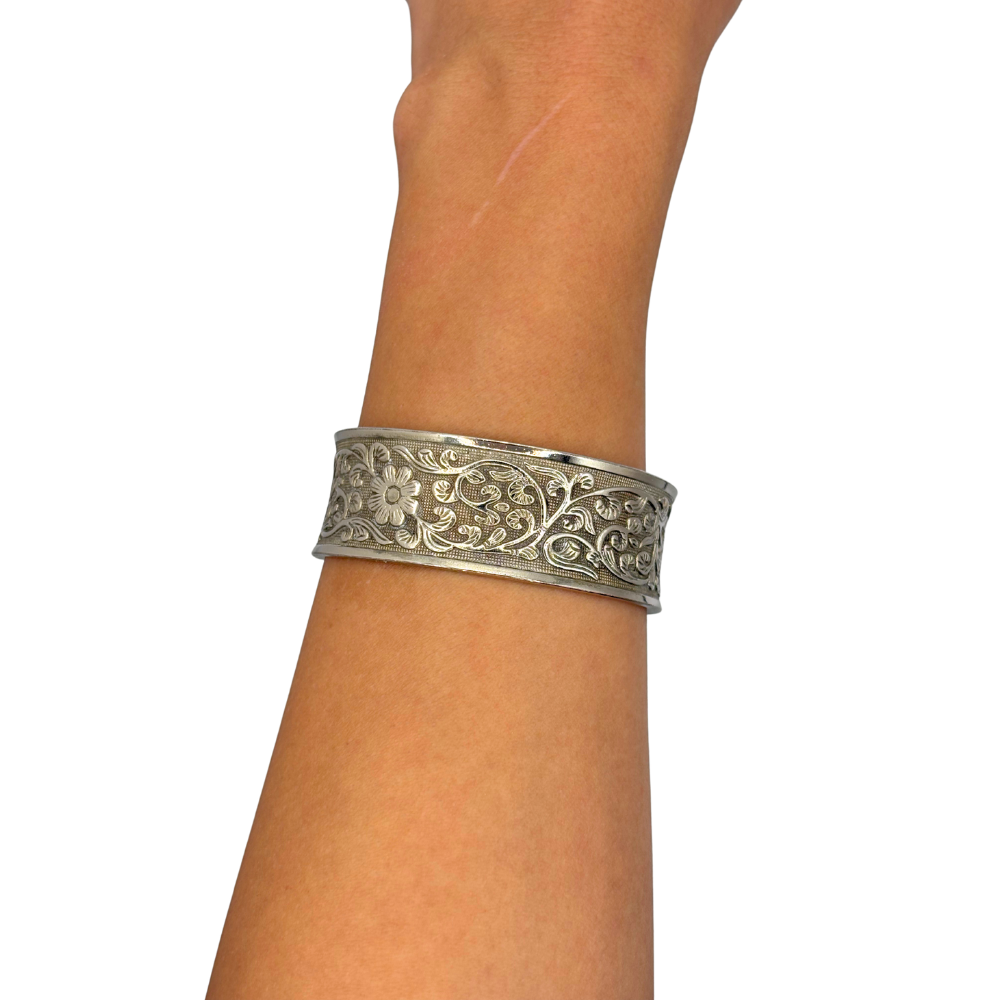 Silver Floral Etched Cuff Bracelet