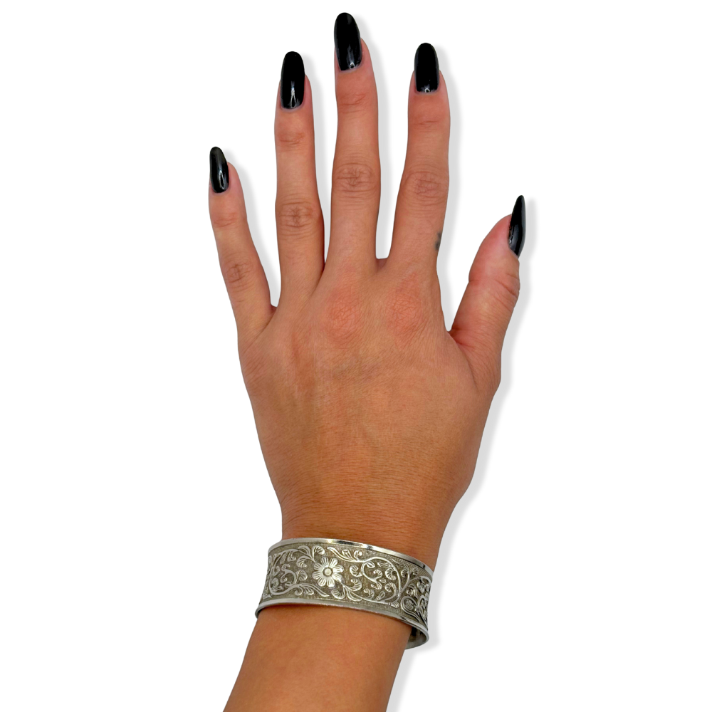 Silver Floral Etched Cuff Bracelet